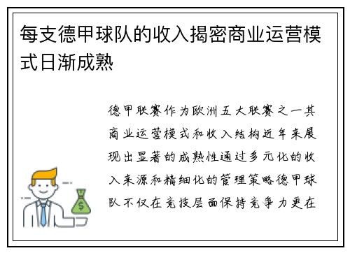 每支德甲球队的收入揭密商业运营模式日渐成熟