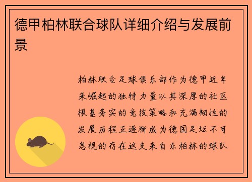 德甲柏林联合球队详细介绍与发展前景